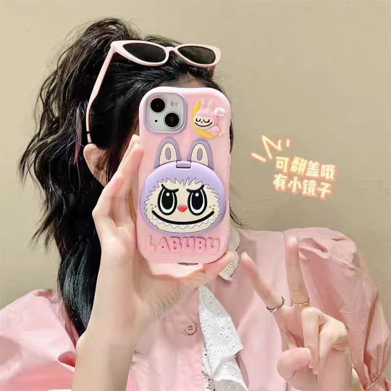 拉布布创意卡通镜子防摔硅胶手机壳适用于苹果全系列机型翻盖