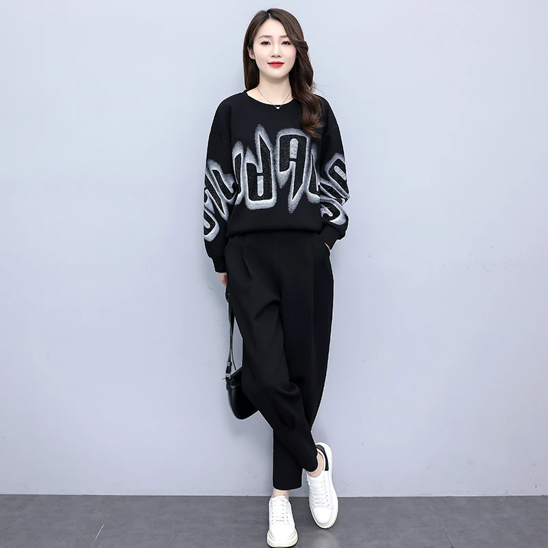 春季休闲时尚套装2025新款设计感字母印花烫钻圆领卫衣裤子两件套