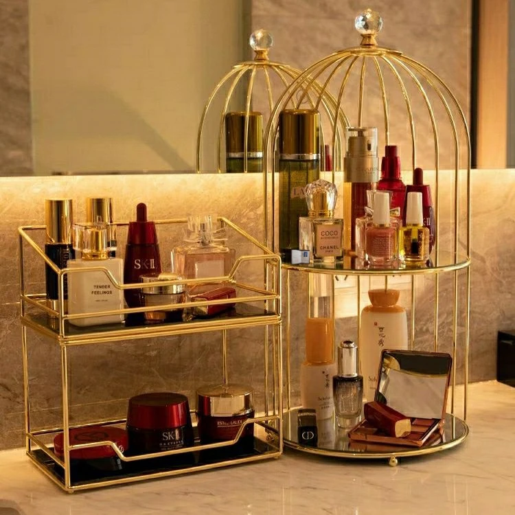 化妆品收纳架家用轻奢风铁艺多层置物架桌面护肤品整理架带镜子网