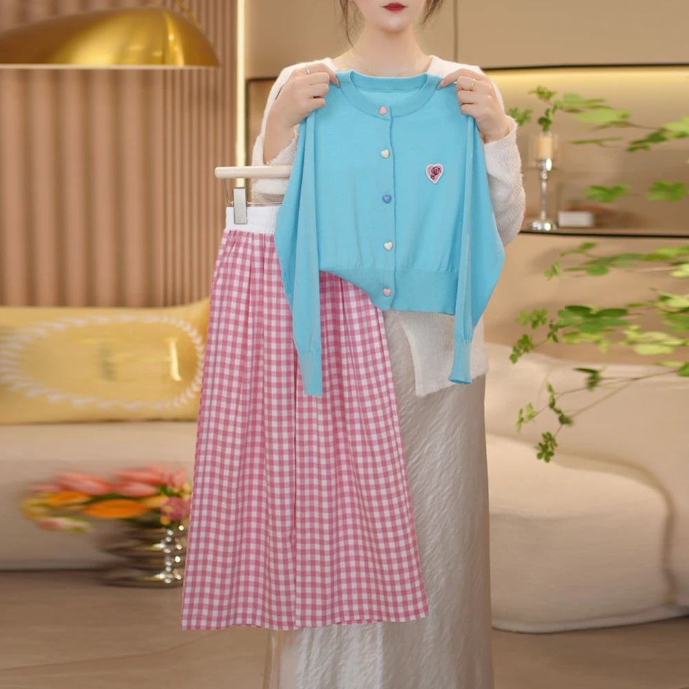 【闺蜜家】女童2025春季新款时尚多巴胺上衣+格子阔腿裤套装-8125