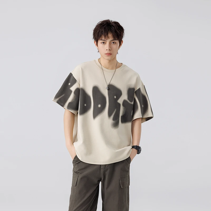 大印花宽松圆领时尚百搭型松弛感短袖男士潮流衬衣上衣半袖夏季