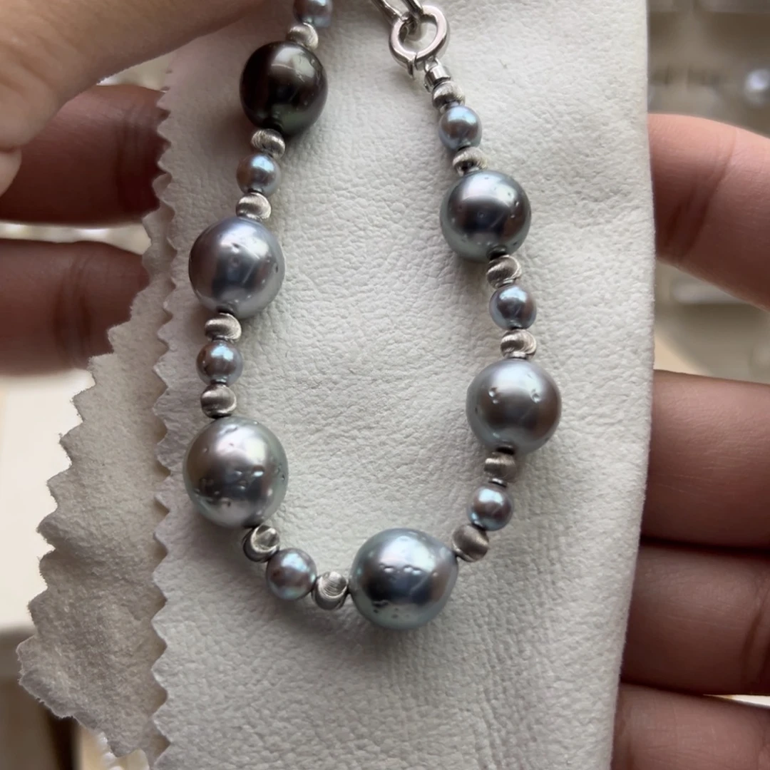 银S925镶嵌手链海水珍珠6-10mm大溪地真多麻混彩手链