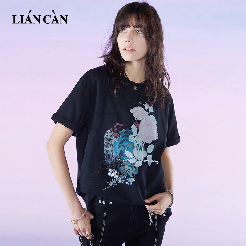 莲灿2025春夏新商场同款波西米亚领印花针织短袖T恤71EO111002