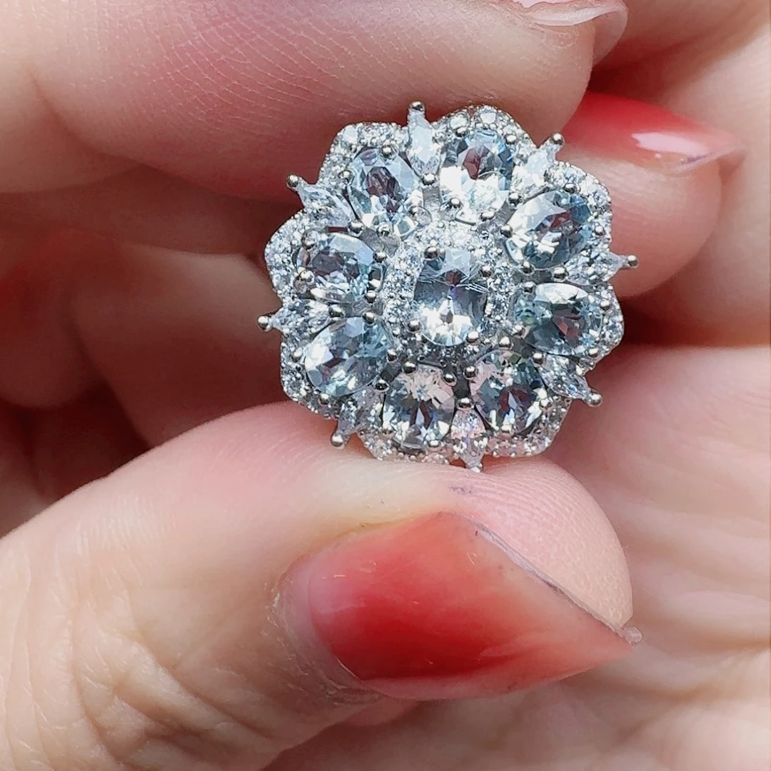 海蓝宝石戒圈银S925镶嵌戒指