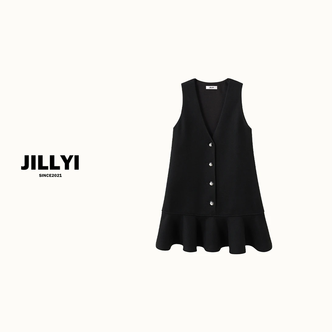 jillyi【巴黎恋人】黑色V领复古四粒珍珠扣波浪下摆连衣裙时尚