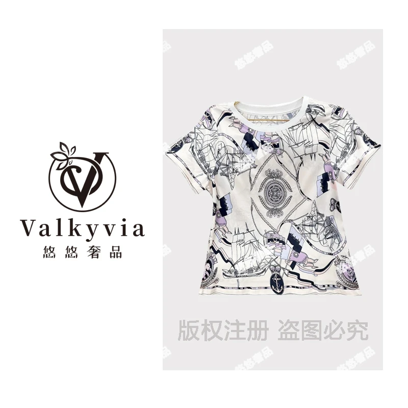 【Valkyvia/悠悠奢品】‘’扬帆远航‘’欧货印花烫钻桑蚕丝上衣短T恤女