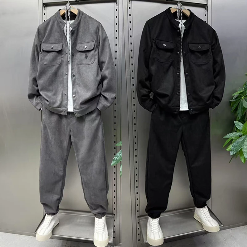 秋冬新款男士套装时尚立领夹克工装外套麂皮绒纯色休闲运动两件套