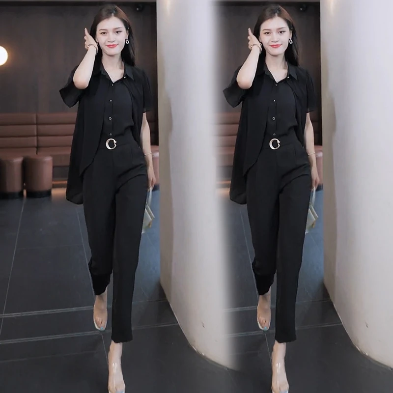 夏季新款设计感纯色休闲简约假两件上衣直筒裤时尚洋气显瘦套装