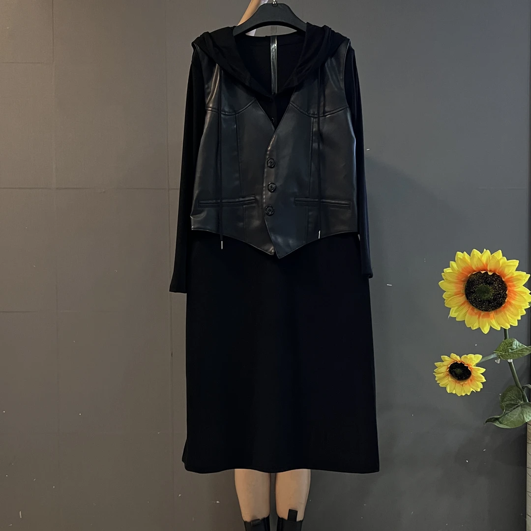 欧美风宽松气质韩版洋气马甲➕连帽中长款气质显瘦时尚套装