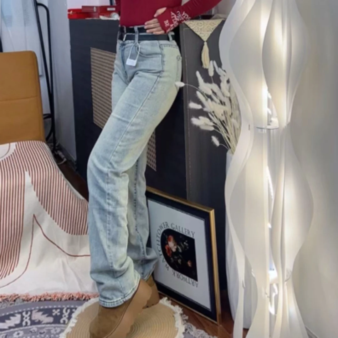 牛仔裤高腰双皮带浅色直筒新款9348