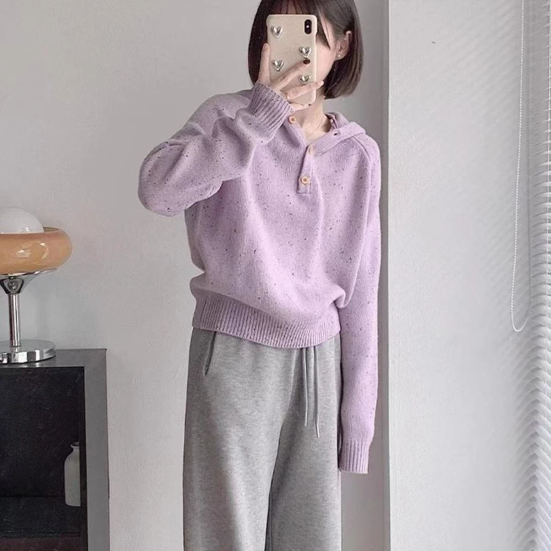 法式春季香芋紫连帽加厚毛衣春秋季秋冬季针织短款打底宽松上衣