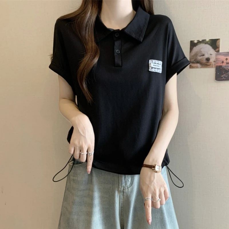 大码POLO领抽绳短袖T恤女夏新款胖MM宽松显瘦百搭洋气飞飞袖上衣
