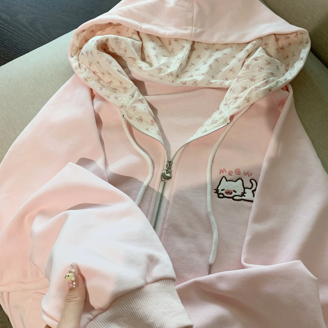 小猫吃不饱原创粉色小碎花卫衣女开春可爱连帽百搭拉链开衫外套