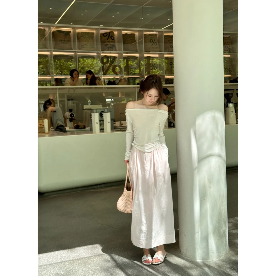 MAXINRUI 【夏日蜜桃】25ss夏季淡粉色高腰掐褶设计半身裙RRS2590