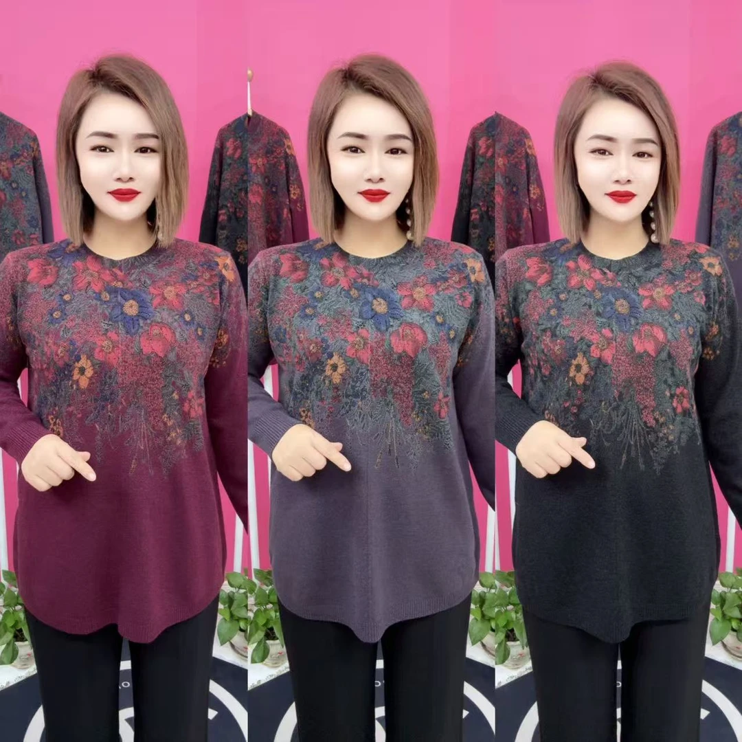 碎花圆领针织大版衫