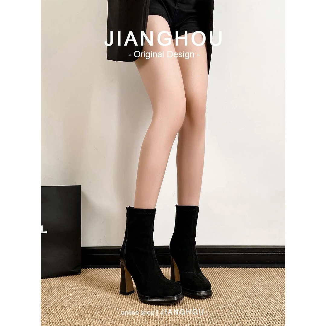 质感黑色高跟短靴秋冬加绒配礼服气质弹力瘦瘦靴女2025新款靴子