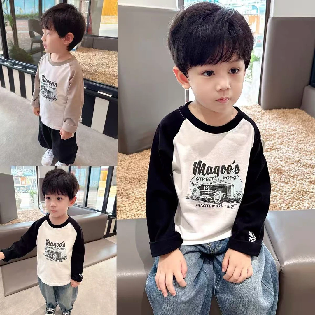 男童纯棉卡通插肩长袖T恤春秋薄款韩版时尚拼色儿童打底衫上衣潮