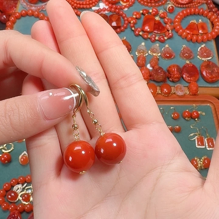 南红玛瑙银S925镶嵌耳饰13+