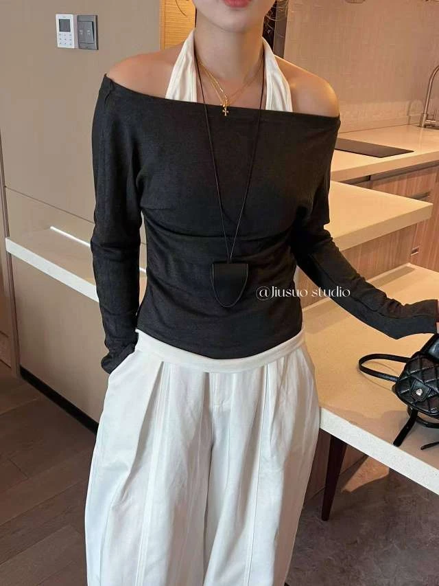 设计感抹胸休闲风网红一字领黑色长袖老钱风T恤法式