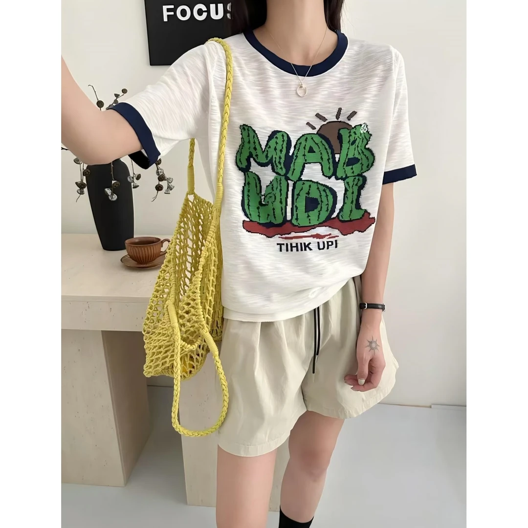 仙人掌字母」竹节麻凉感亲肤百搭薄款短袖针织衫女2025夏新款1650