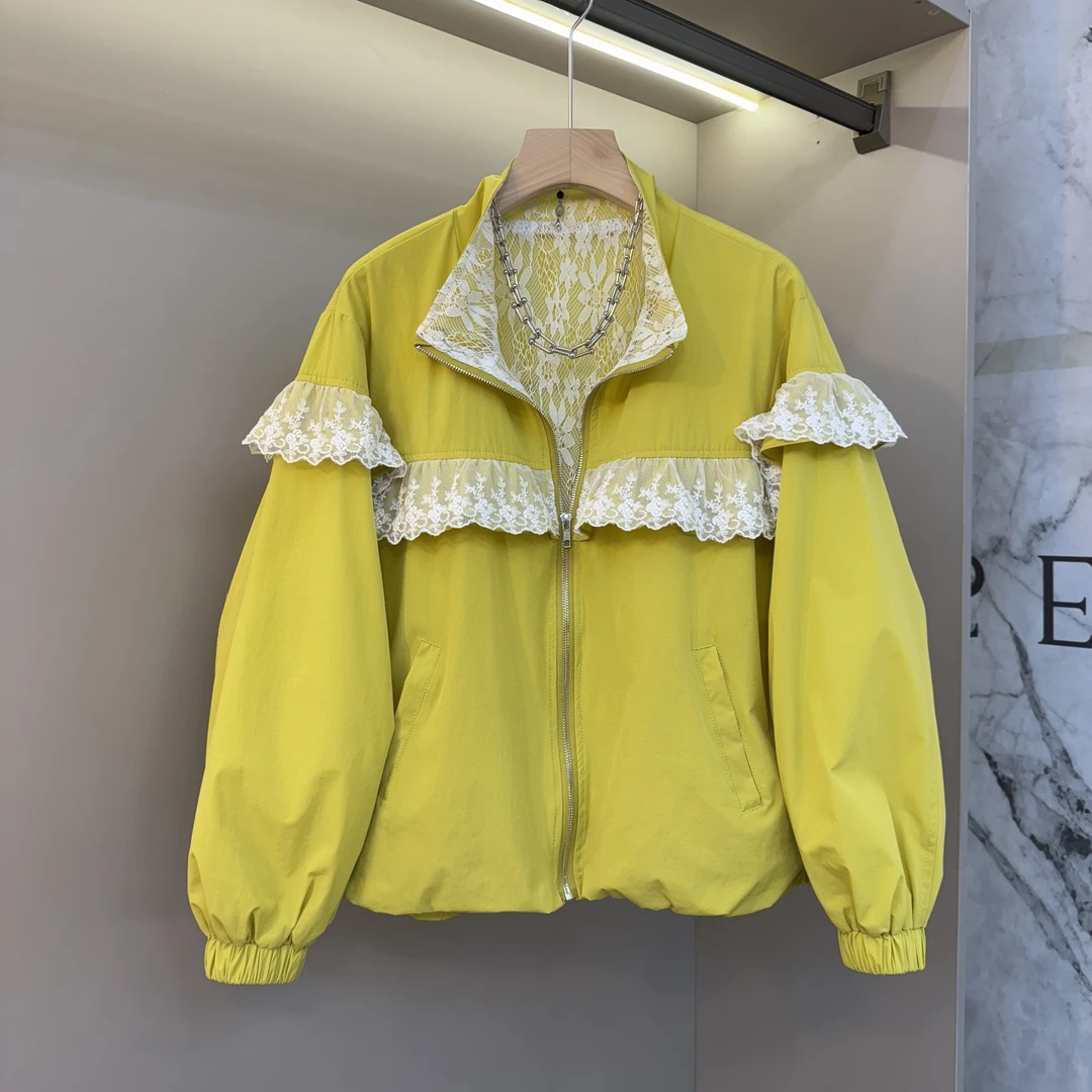 2025春季潮款拼接蕾丝立领宽松短款风衣女洋气宽松甜酷风上衣外套