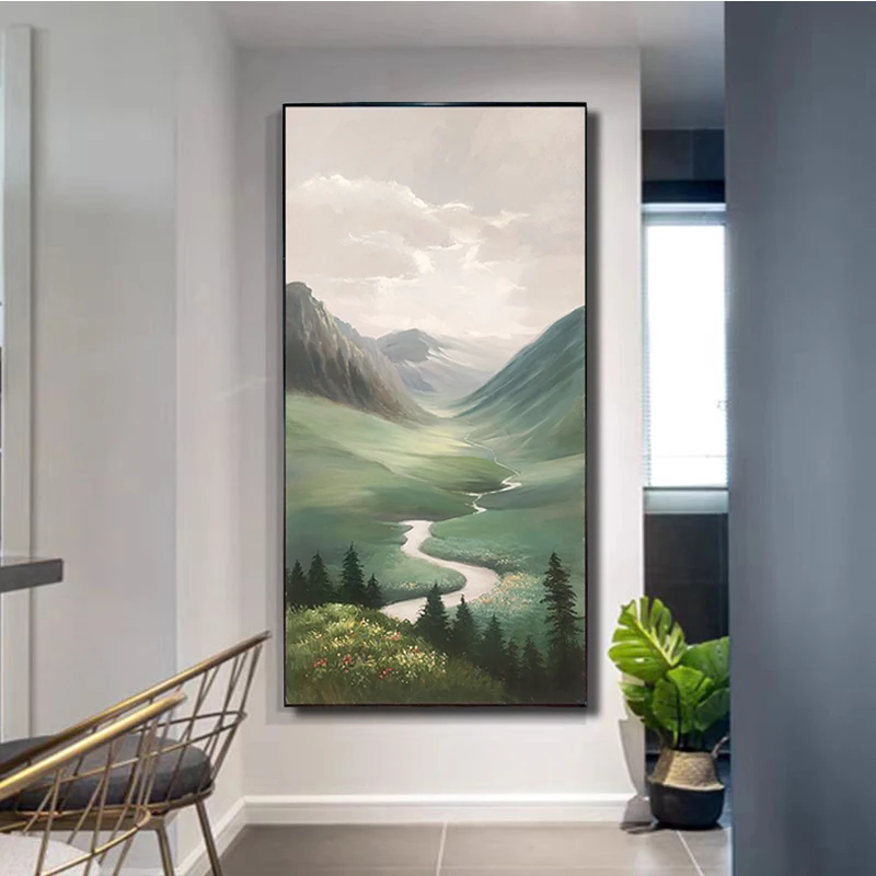 客厅背景墙装饰画绿色草地风景现代简约纯手工治愈卧室玄关挂画