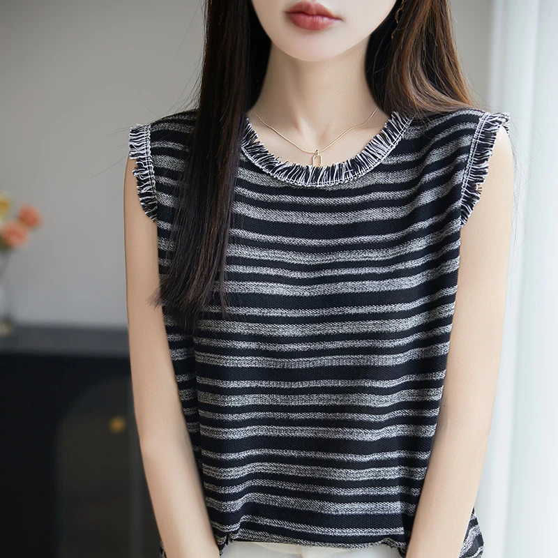 羊范韩系撞色条纹无袖上衣女夏季薄款圆领天丝莱赛尔针织背心吊带