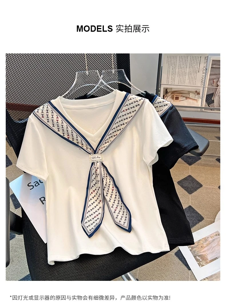 【商场同款】V领短袖夏季新款时尚配丝巾百搭休闲百搭通勤T恤530377