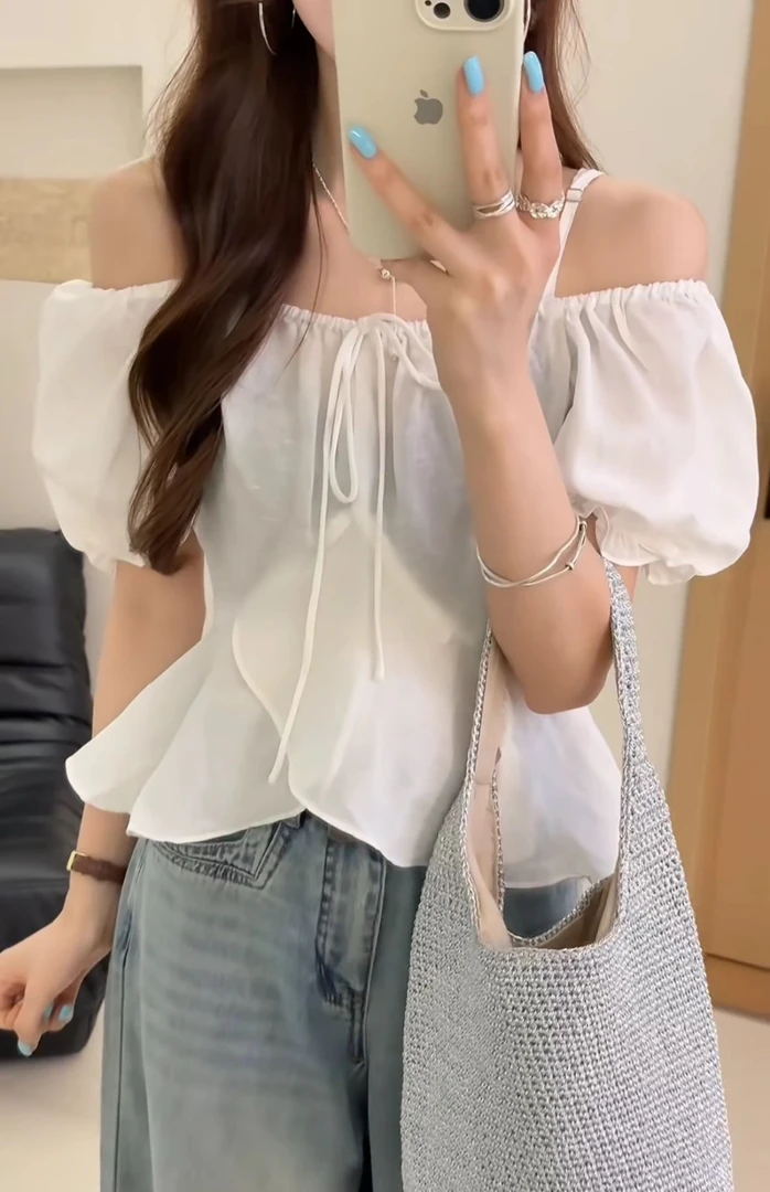 不规则设计一字肩蓝色衬衫女夏季新款独特漂亮荷叶边小衫露肩上衣