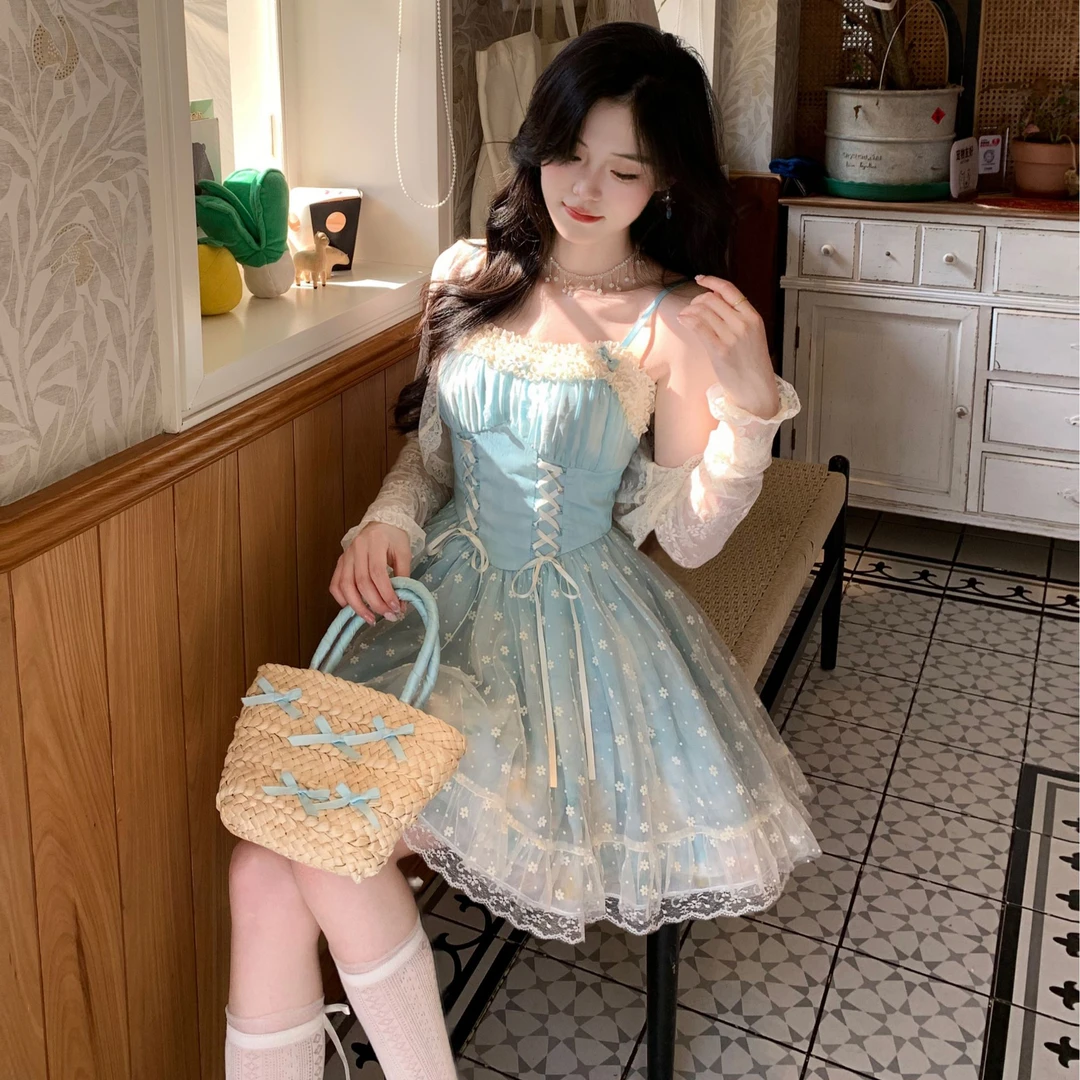 Blovelan蓝宙星云 优雅梦幻蕾丝花边公主裙高腰甜美蓬蓬裙