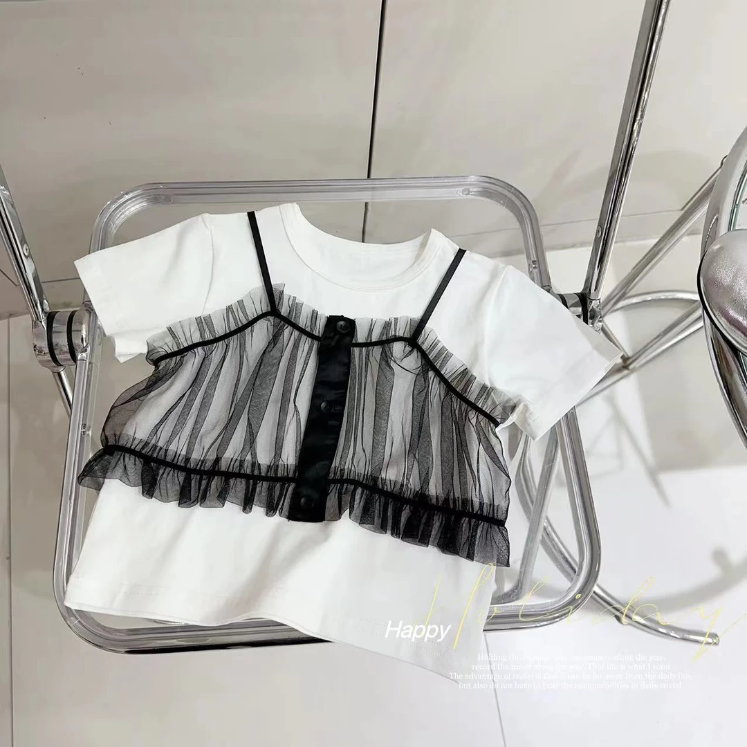 汤圆家童装2025夏季新款韩系赫本风假两件拼接T恤 YA-1484