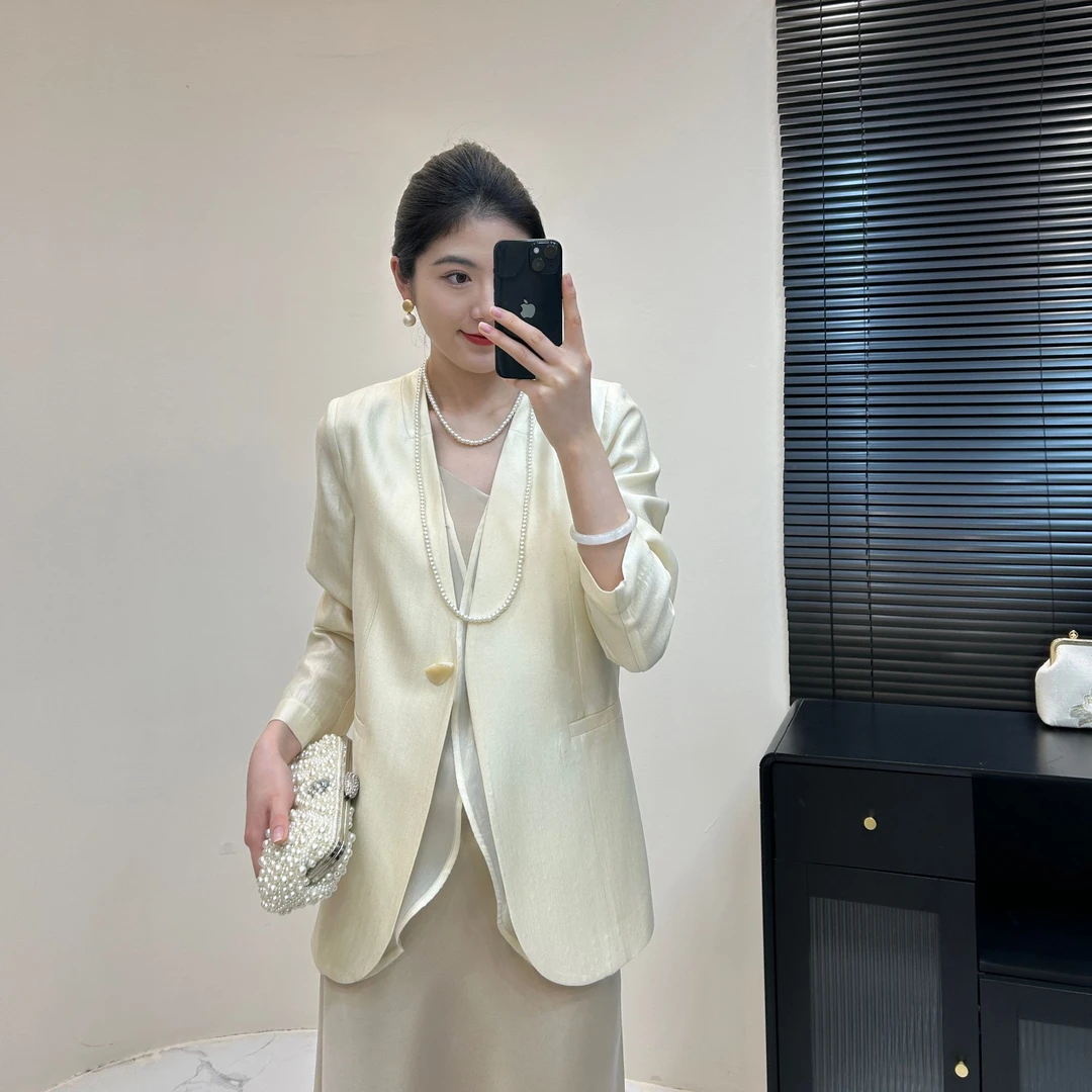 大宝姐【流光溢彩】夏季珠光纱拼接薄款无领一粒扣设计师轻奢西装