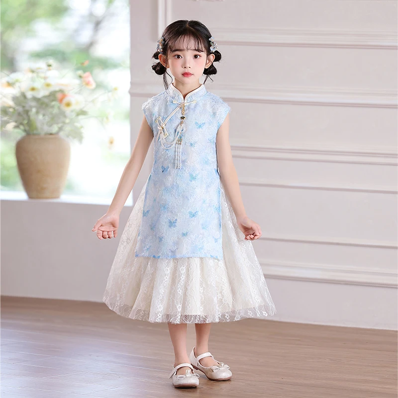 儿童女童夏装纯色实拍有模特花朵夏季旗袍气质古风小女孩夏装公主