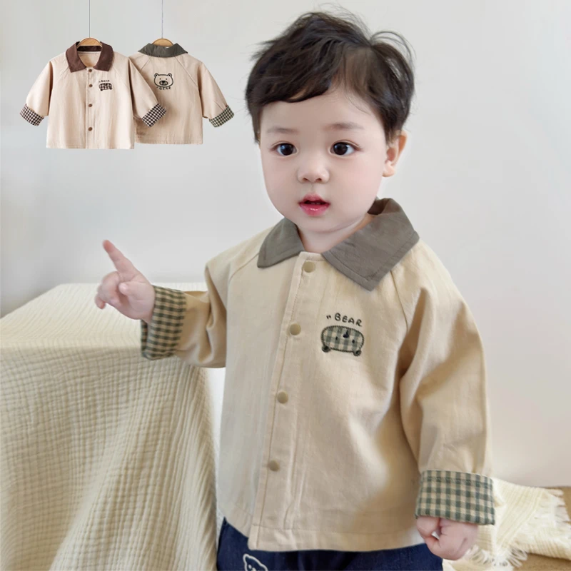 春秋儿童纯棉外套男女宝宝翻领衬衫上衣长袖百搭风衣开衫宽松衣服