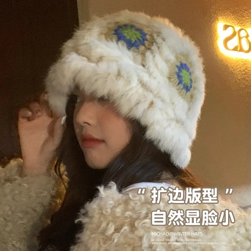 升级款兔毛手工编织醒狮帽防寒渔夫帽子女可爱毛绒针织盆帽秋冬