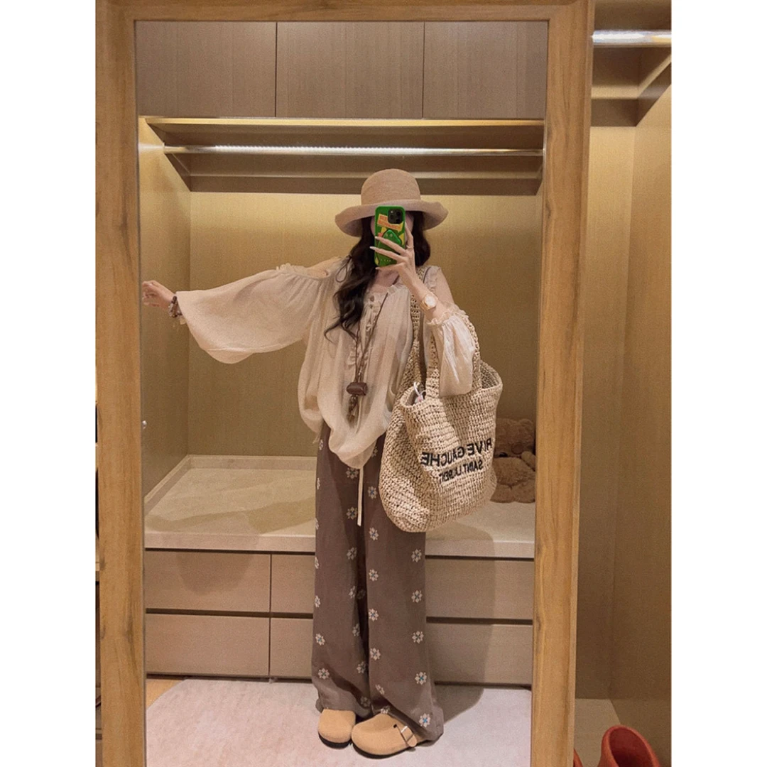 约会私服!法式重工木耳边露肩上衣衬衫+刺绣休闲裤两件套Y3070