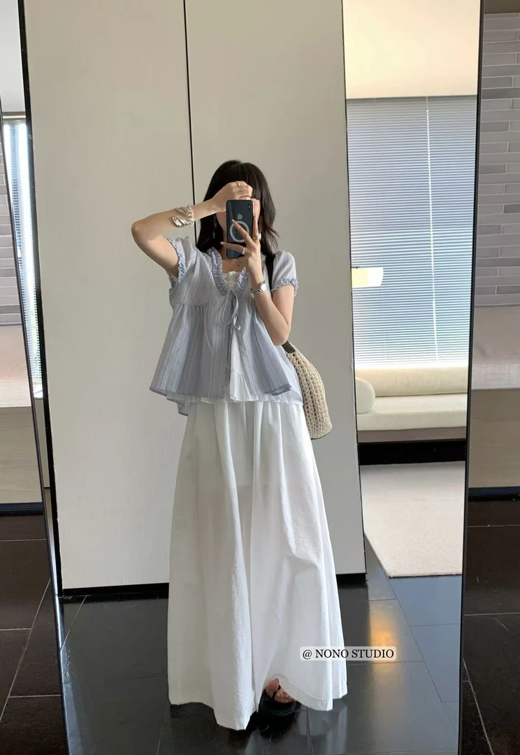 NONO@6950 韩系百搭假两件木耳边V领短袖衬衫 6-11