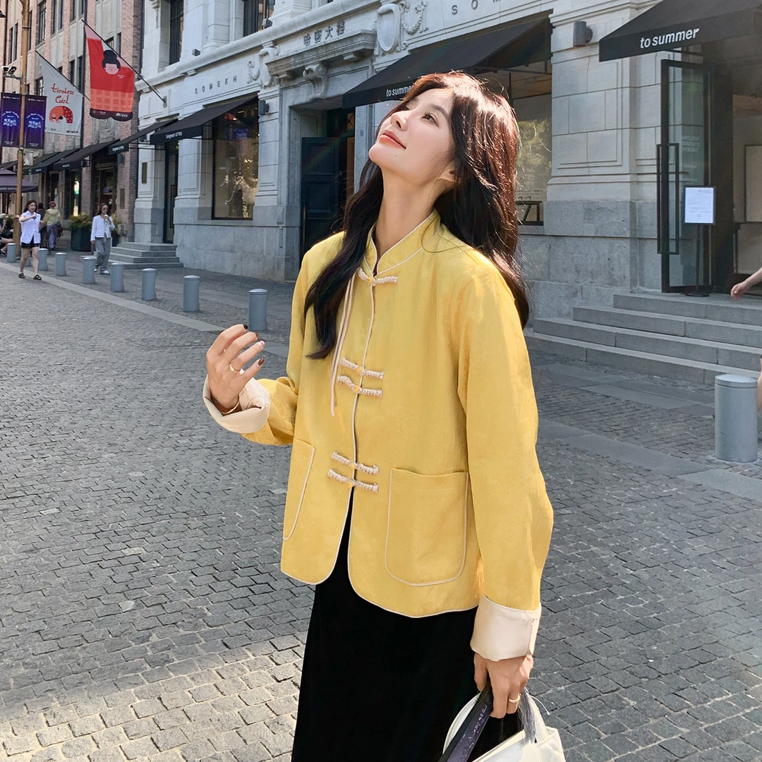 新中式国风黄色盘扣上衣丝绒连衣裙套装2025秋新款得体显瘦两件套