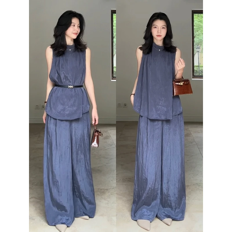 郭九九呢 天丝气质宽松显瘦圆领无袖上衣直筒拖地裤 G925A05986