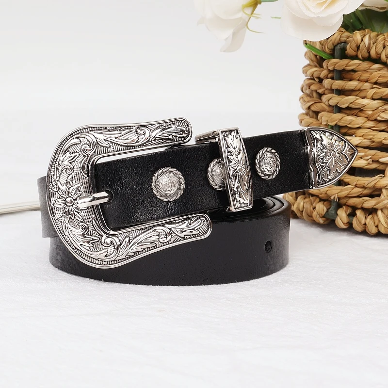 欧美范黑色皮带女装饰简约百搭裤带复古雕花时尚潮雕花腰带