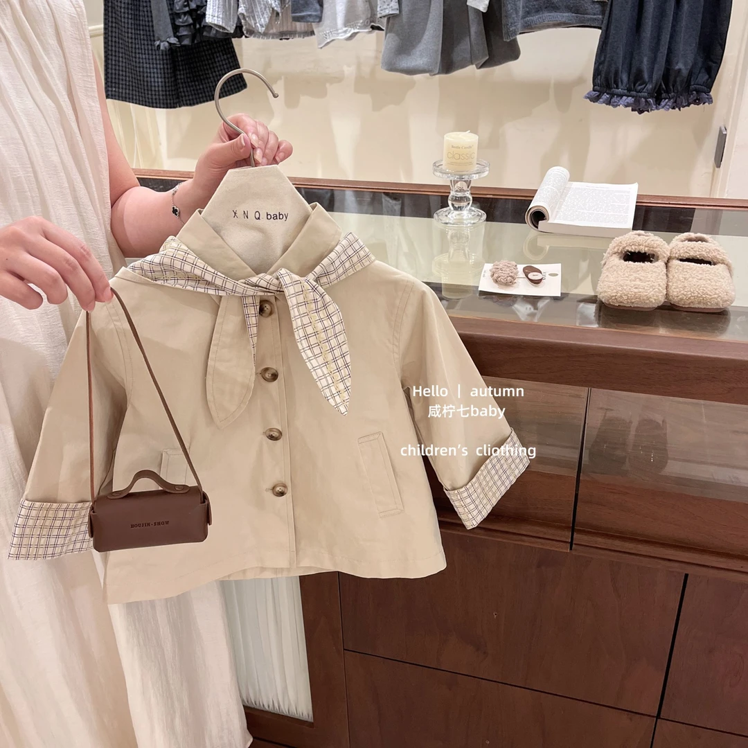【咸柠七】原创！韩国童装女童外套秋款洋气女孩格子翻领中长款风衣