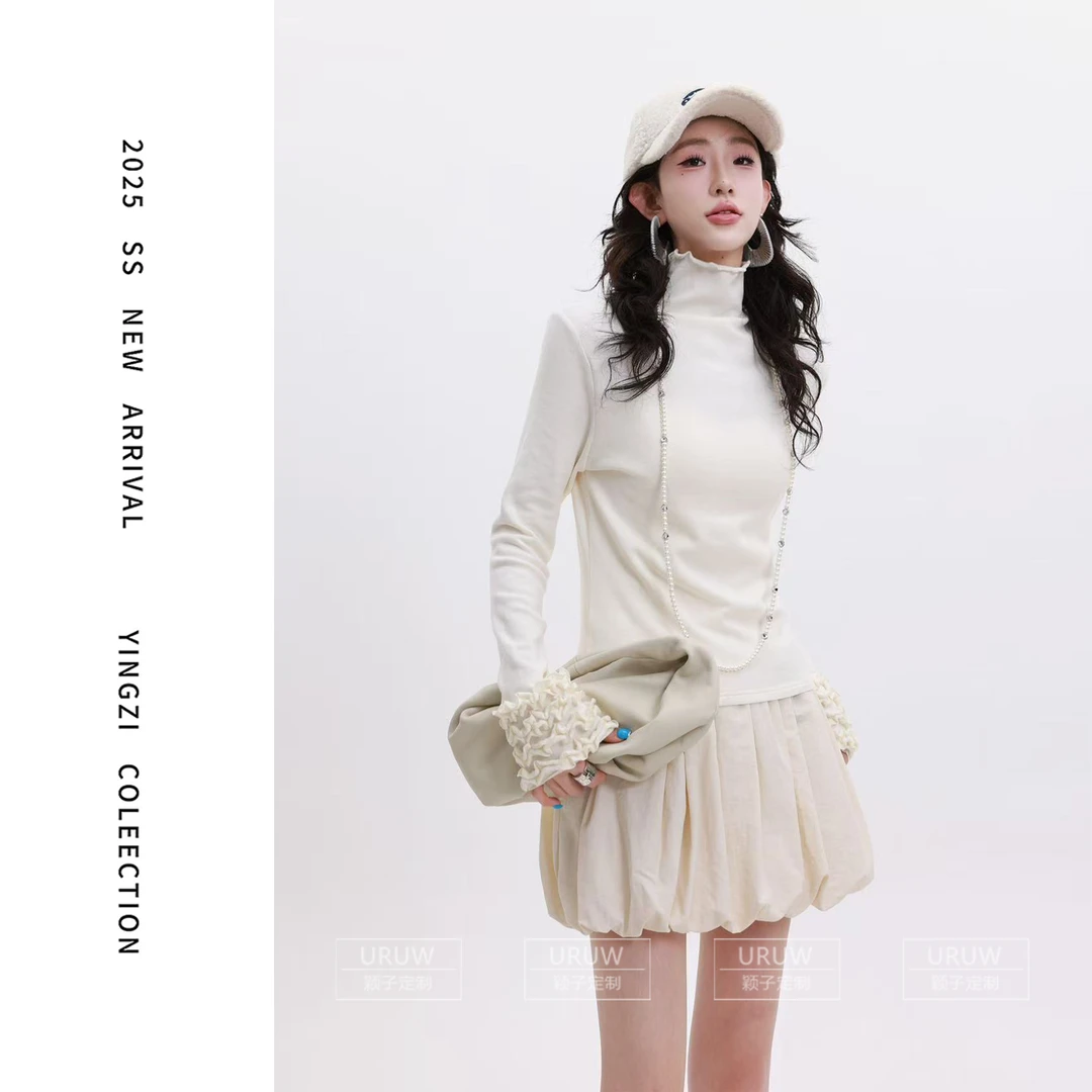 颖子定制【时髦聚焦】设计感拼接花边长袖高领上衣纯色百搭上衣2042