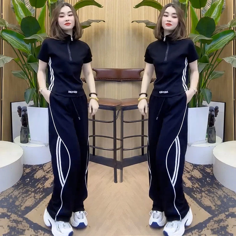 欧货休闲运动套装女2025夏季新款宽松显瘦短袖上衣阔腿裤两件套潮