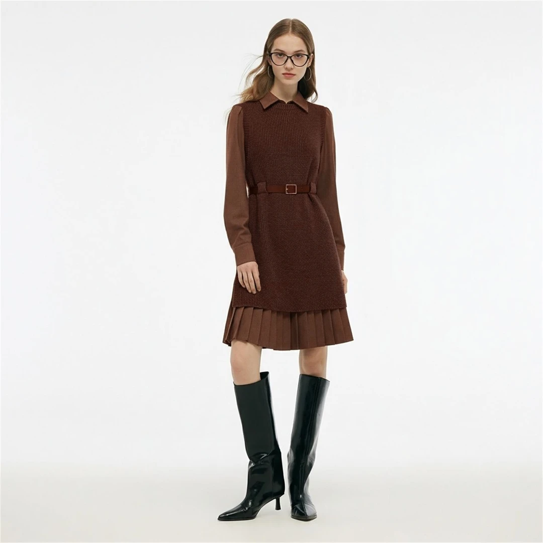 歌莉娅春季衬衫式连衣裙+毛织背心+腰带）1E1LAB840