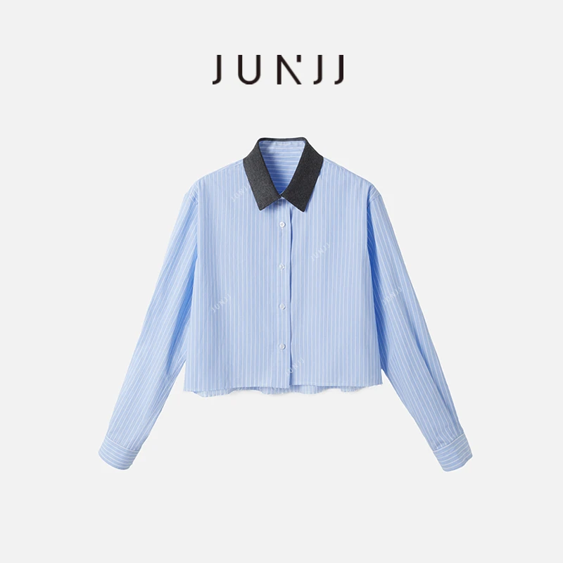 杰瑞【格林公主】Miu系高端女装法式学院风翻领条纹短款衬衫上衣