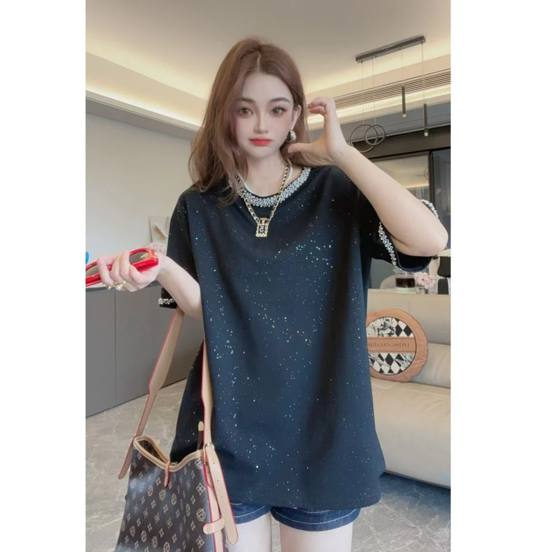 黑色重工钉珠圆领短袖t恤女2025夏季新款韩版宽松设计感减龄上衣