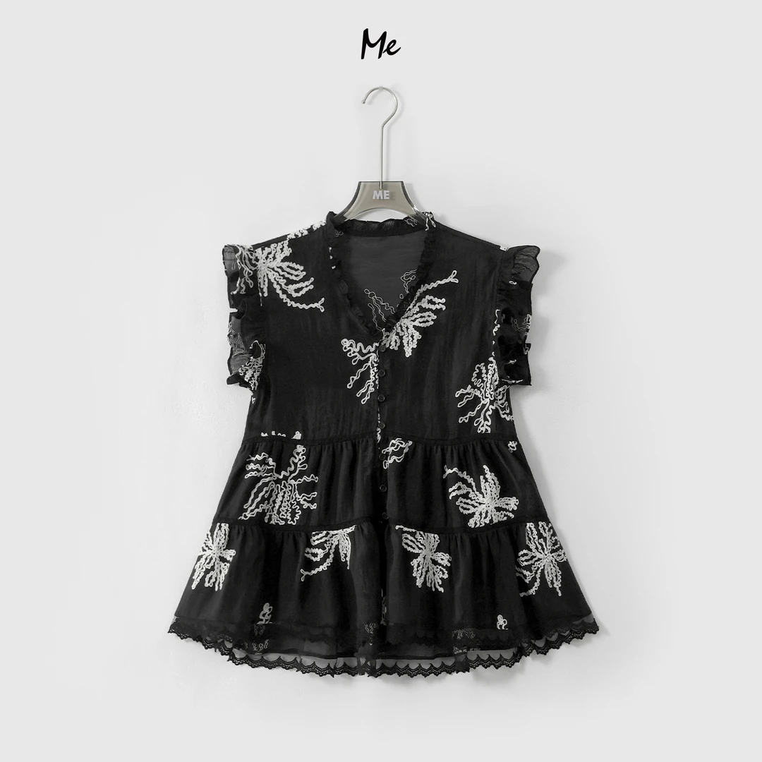 ME【迈阿密海夜】空气感刺绣显瘦时尚上衣百搭荷叶边衬衫MESS5732