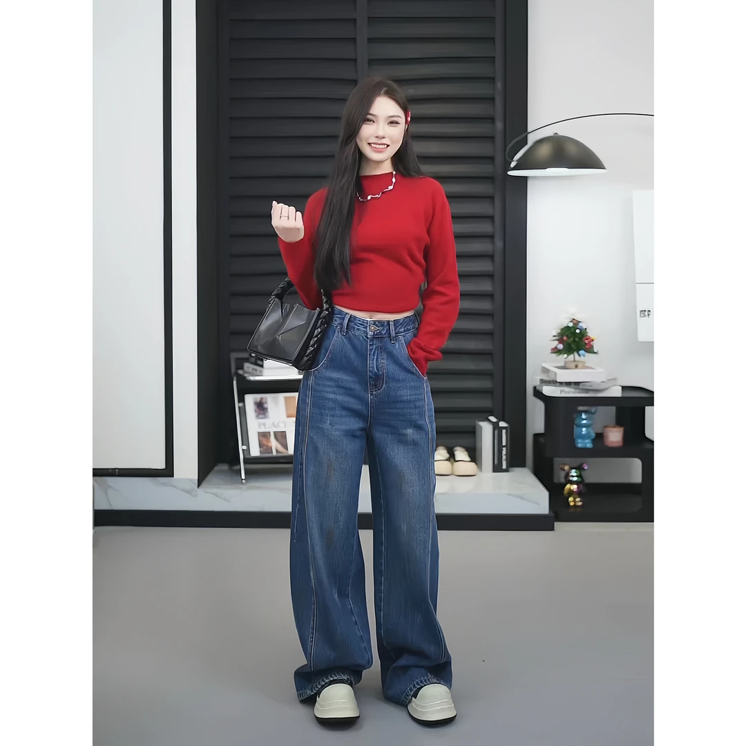 【TO&HR.GIRL】THE019DZ-泼墨蓝夏设计中高腰牛仔裤阔腿牛仔裤女