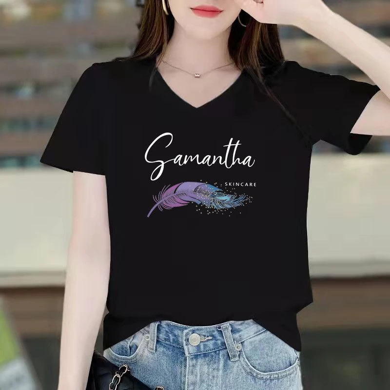 黑色短袖T恤女V领宽松半袖大码上衣2025年春夏新款气质时尚体恤潮