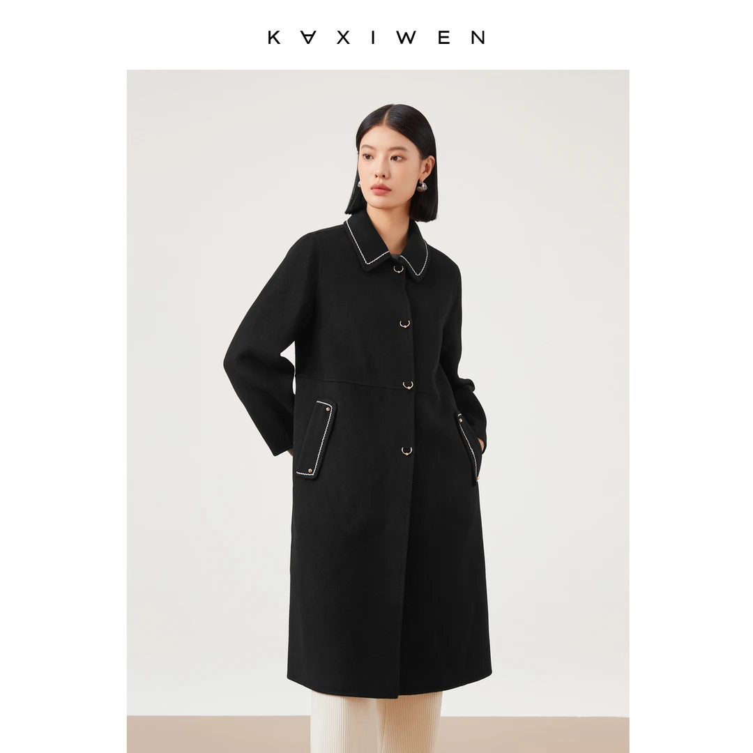 【达人专属】100%绵羊毛长款单排扣黑色呢子大衣X10ADE8677